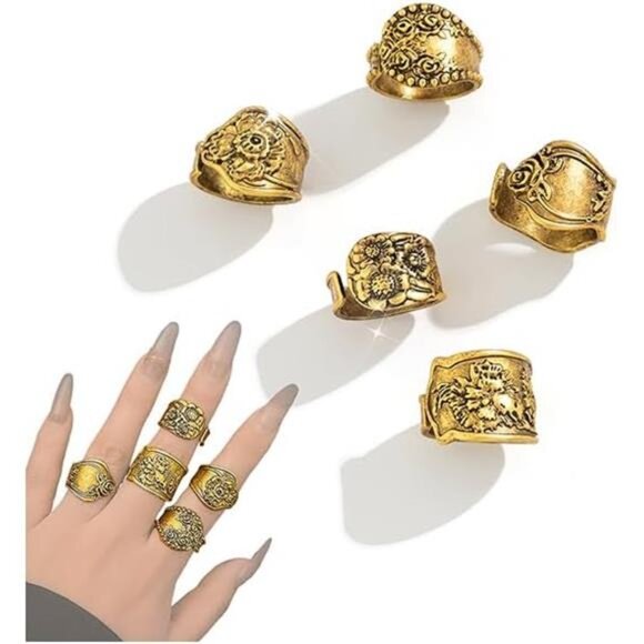 ✨ Bold Boho Spoon Ring Set | Chunky Gold Adjustable Rings | Vintage Floral - Picture 5 of 5
